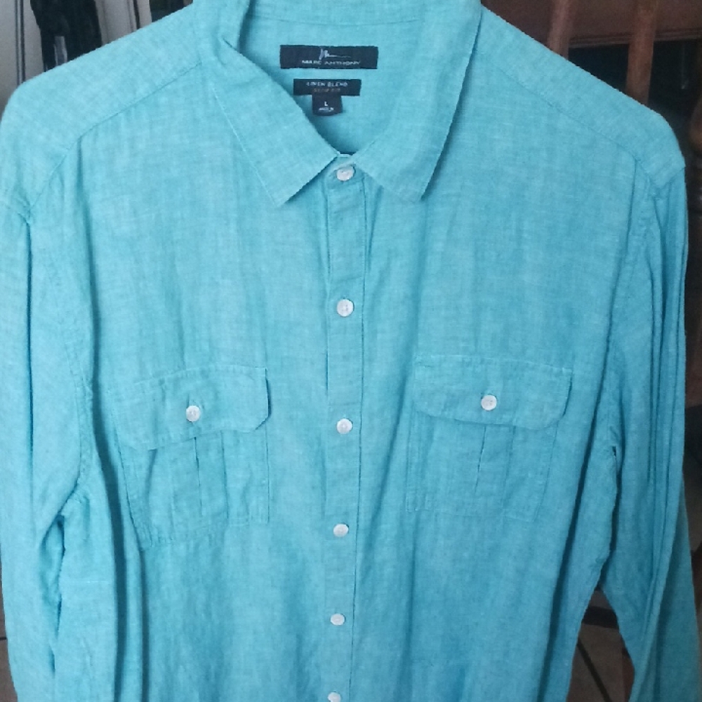 Marc Anthony Linen Blend Blue Casual Button Down Shirt - Picture 3 of 3